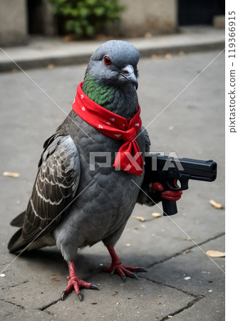 An aggressive pigeon gangster holds a hand gun in its wing, wearing red scarf. Creative street art. Animal fashion. Abstract photography 119366915