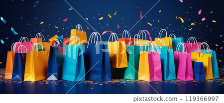 Colorful shopping bags celebrating successful shopping spree Colorful shopping bags celebrating successful shopping spree 119366997