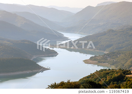 Mountains and Meanders of Zavoj Lake Closeup View Mountains and Meanders of Zavoj Lake Closeup View 119367419