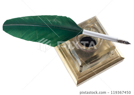 vintage feather quill with glass inkwell 119367450