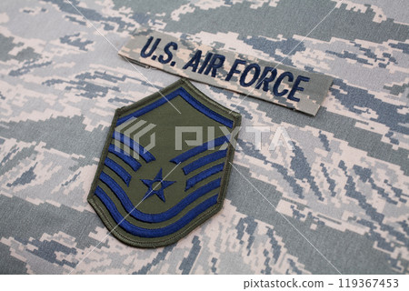 US AIR FORCE branch tape and Master Sergeant rank patch on digital tiger-stripe pattern Airman Battle Uniform US AIR FORCE branch tape and Master Sergeant rank patch on digital tiger-stripe pattern Airman Battle Uniform 119367453