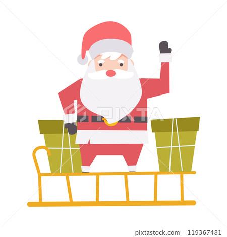 Santa claus with christmas presents on sleigh . Cartoon character . Flat design . Vector . 119367481