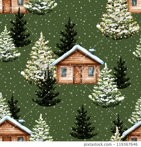 Seamless pattern with chalet. Wooden cabin in fir forest. Winter woodland. Hand drawn Christmas background Seamless pattern with chalet. Wooden cabin in fir forest. Winter woodland. Hand drawn Christmas background 119367646