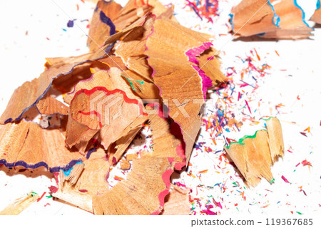 Coloured Pencil Shavings on White Background Coloured Pencil Shavings on White Background 119367685