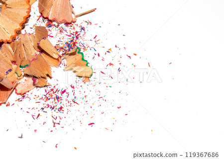 Coloured Pencil Shavings on White Background 119367686
