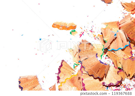 Coloured Pencil Shavings on White Background 119367688