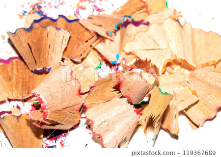 Coloured Pencil Shavings on White Background 119367689