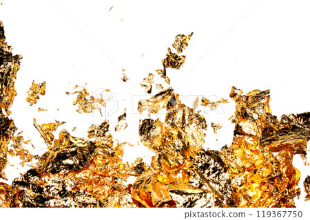 Gold Leaf Pieces Close Up on A White Background as Decorative Pieces 119367750