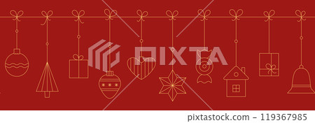 Christmas, New Year hanging garland seamless banner. Simple line golden bauble, ball holiday icon. 119367985