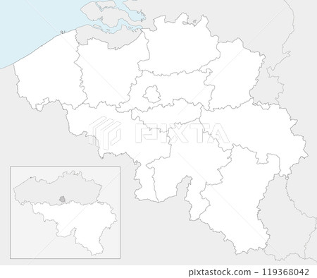 Vector blank map of Belgium with regions, provinces and administrative divisions, and neighbouring countries and territories. Editable and clearly labeled layers. Vector blank map of Belgium with regions, provinces and administrative divisions, and neighbouring countries and territories. Editable and clearly labeled layers. 119368042