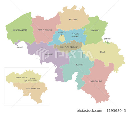 Vector map of Belgium with regions, provinces and administrative divisions. Editable and clearly labeled layers. 119368043