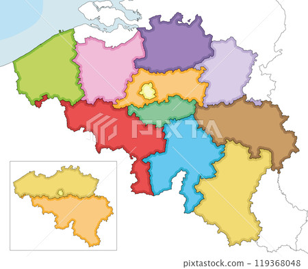 Vector illustrated blank map of Belgium with regions, provinces and administrative divisions, and neighbouring countries and territories. Editable and clearly labeled layers. Vector illustrated blank map of Belgium with regions, provinces and administrative divisions, and neighbouring countries and territories. Editable and clearly labeled layers. 119368048