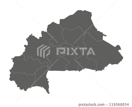 Vector blank map of Burkina Faso with regions or territories and administrative divisions. Editable and clearly labeled layers. Vector blank map of Burkina Faso with regions or territories and administrative divisions. Editable and clearly labeled layers. 119368054