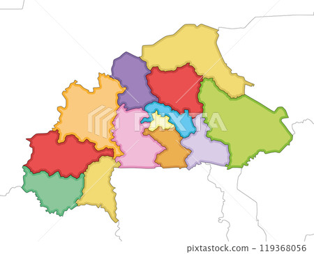 Vector illustrated blank map of Burkina Faso with regions and administrative divisions, and neighbouring countries and territories. Editable and clearly labeled layers. Vector illustrated blank map of Burkina Faso with regions and administrative divisions, and neighbouring countries and territories. Editable and clearly labeled layers. 119368056