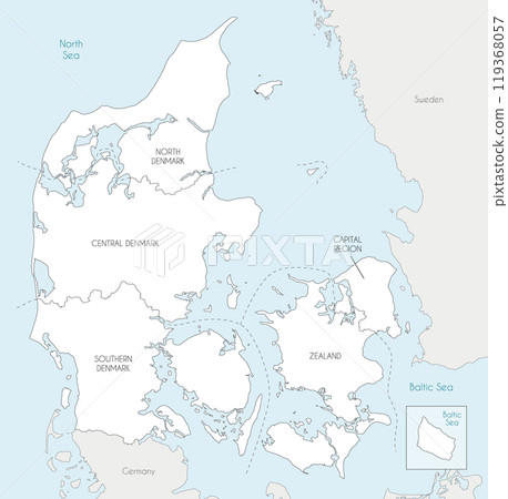 Vector map of Denmark with regions and administrative divisions, and neighbouring countries and territories. Editable and clearly labeled layers. Vector map of Denmark with regions and administrative divisions, and neighbouring countries and territories. Editable and clearly labeled layers. 119368057