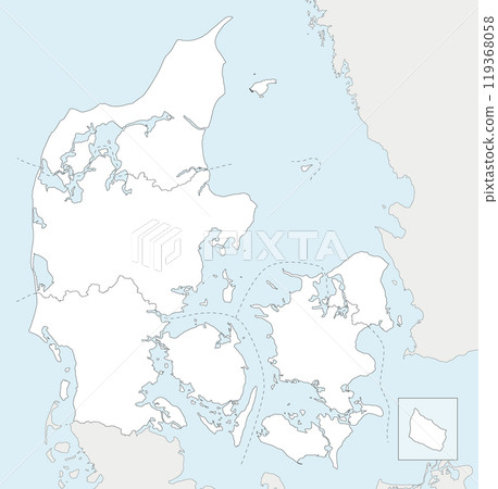 Vector blank map of Denmark with regions and administrative divisions, and neighbouring countries and territories. Editable and clearly labeled layers. Vector blank map of Denmark with regions and administrative divisions, and neighbouring countries and territories. Editable and clearly labeled layers. 119368058