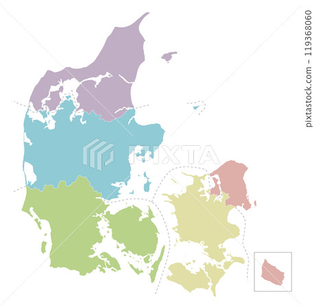 Vector blank map of Denmark with regions or territories and administrative divisions. Editable and clearly labeled layers. Vector blank map of Denmark with regions or territories and administrative divisions. Editable and clearly labeled layers. 119368060