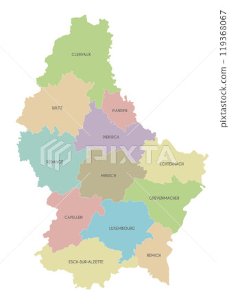 Vector regional map of Luxembourg with cantons and administrative divisions. Editable and clearly labeled layers. Vector regional map of Luxembourg with cantons and administrative divisions. Editable and clearly labeled layers. 119368067