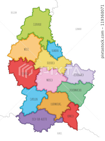Vector illustrated regional map of Luxembourg with cantons and administrative divisions, and neighbouring countries and territories. Editable and clearly labeled layers. Vector illustrated regional map of Luxembourg with cantons and administrative divisions, and neighbouring countries and territories. Editable and clearly labeled layers. 119368071