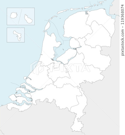 Vector regional blank map of Netherlands with provinces, Caribbean special municipalities and administrative divisions, and neighbouring countries and territories. Editable and clearly labeled layers. Vector regional blank map of Netherlands with provinces, Caribbean special municipalities and administrative divisions, and neighbouring countries and territories. Editable and clearly labeled layers. 119368074