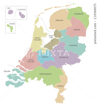 Vector regional map of Netherlands with provinces, Caribbean special municipalities and administrative divisions. Editable and clearly labeled layers. 119368075