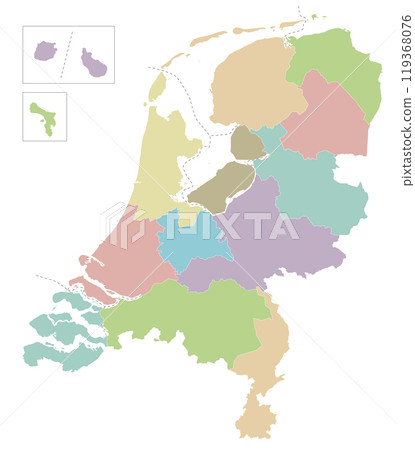 Vector regional blank map of Netherlands with provinces, Caribbean special municipalities and administrative divisions. Editable and clearly labeled layers. 119368076