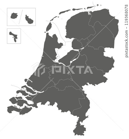 Vector regional blank map of Netherlands with provinces, Caribbean special municipalities and administrative divisions. Editable and clearly labeled layers. Vector regional blank map of Netherlands with provinces, Caribbean special municipalities and administrative divisions. Editable and clearly labeled layers. 119368078