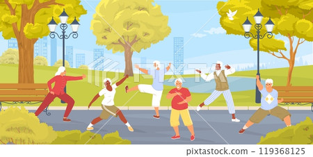 Aged people exercising tai chi Chinese gymnastic for healthy body Aged people exercising tai chi Chinese gymnastic for healthy body 119368125