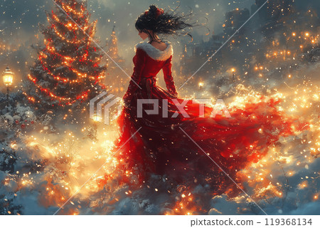 A realistic Japanese woman in a Santa costume: A full-body illustration that stands out against the winter scenery of Christmas 119368134
