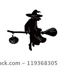 Silhouette of a jack-o'-lantern and a witch flying on a broomstick 119368305