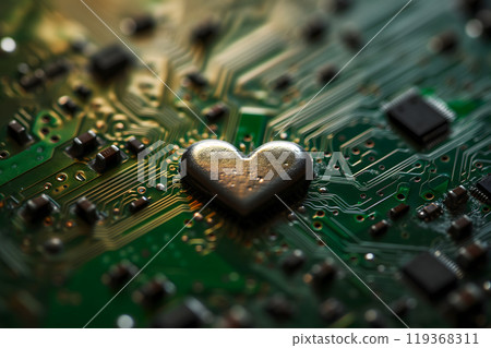 Heart-shaped microchip on green circuit board Heart-shaped microchip on green circuit board 119368311