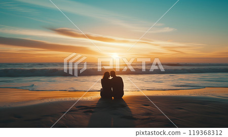 Couple in love watching the sunset on a beach Couple in love watching the sunset on a beach 119368312