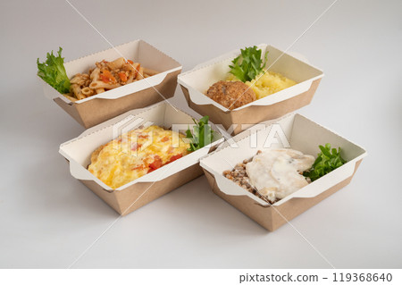 Assorted Takeout Meals in Eco-Friendly Containers Assorted Takeout Meals in Eco-Friendly Containers 119368640