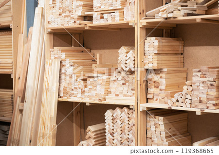 Furniture factory workshop with wood items. Furniture factory workshop with wood items. 119368665