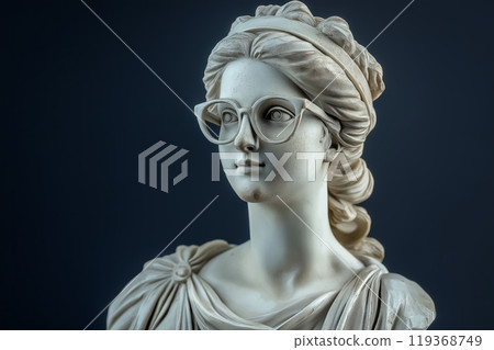 A marble bust of a woman with glasses, highlighted by shadows and soft lighting against a dark background 119368749