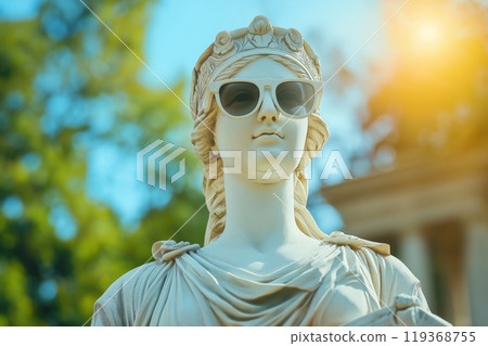 A statue of a woman wearing sunglasses, bathed in sunlight, with a bright sky and greenery in the background 119368755