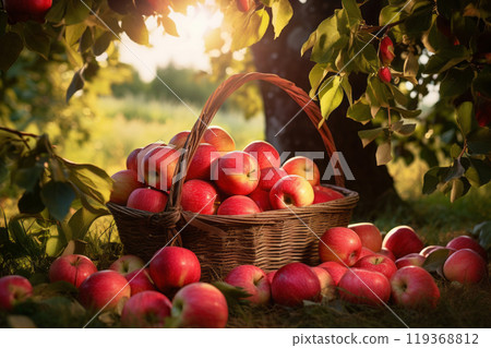 A basket filled with ripe apples on the grassy ground in summer garden. Farm harvest concept 119368812