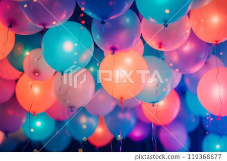 Colorful glowing shining neon helium party balloons floating in the air. Happy birthday celebration decor Colorful glowing shining neon helium party balloons floating in the air. Happy birthday celebration decor 119368877