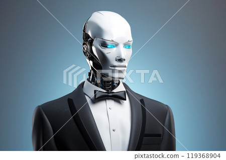 Humanoid robot dressed in a formal black tuxedo suit on a minimal blue background 119368904