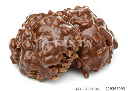 Two chocolate covered oat clusters with a smooth, glossy finish on a white background 119368993
