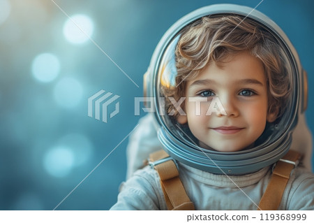 Smiling young child in an astronaut suit and helmet with soft blue bokeh lights in the background 119368999