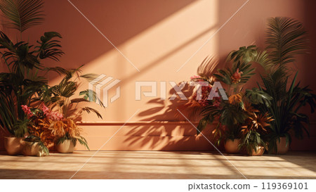 Potted plants casting shadows on a warm peach colored wall empty room. Modern eco friendly interior design 119369101