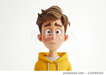 Sad stressed upset cartoon character young man male boy person wearing yellow hoodie in 3d style design on light background. Human people feelings expression concept 119369102