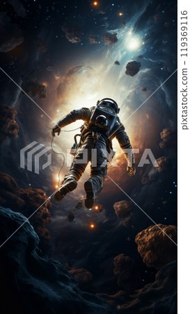 An astronaut floats in the vastness of space with celestial bodies and a swirling nebula as a backdrop embodying the solitude and majesty of space exploration. Fantasy cosmic trip An astronaut floats in the vastness of space with celestial bodies and a swirling nebula as a backdrop embodying the solitude and majesty of space exploration. Fantasy cosmic trip 119369116