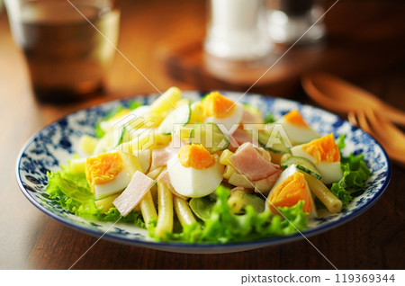 Macaroni salad with boiled eggs and ham Macaroni salad with boiled eggs and ham 119369344