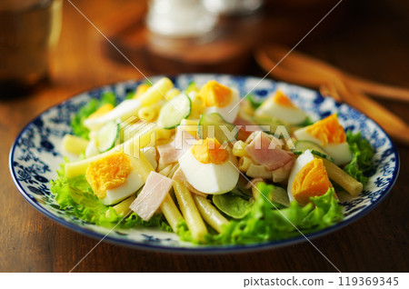 Macaroni salad with boiled eggs and ham Macaroni salad with boiled eggs and ham 119369345