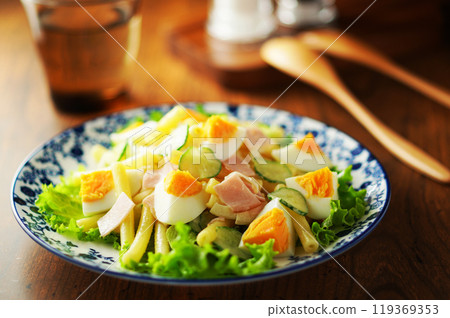 Macaroni salad with boiled eggs and ham Macaroni salad with boiled eggs and ham 119369353