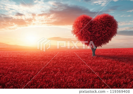 A red heart shaped tree stands glowing in a field at sunset, with peaceful skies and warm light 119369408