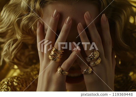 Womans face obscured by hands adorned with luxurious gold rings, dramatic lighting, curly hair 119369448