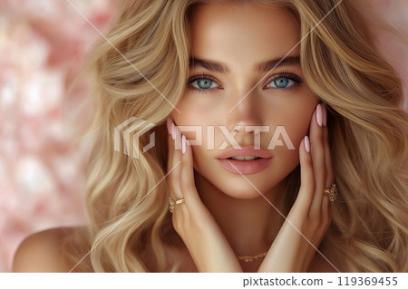 Elegant blonde with curls, delicate makeup, light pink tones, resting her hands softly on her face 119369455
